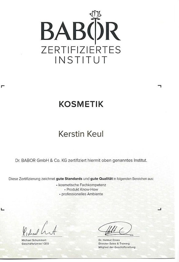 Urkunde BABOR zertifiziertes Institut für Kerstin Keul