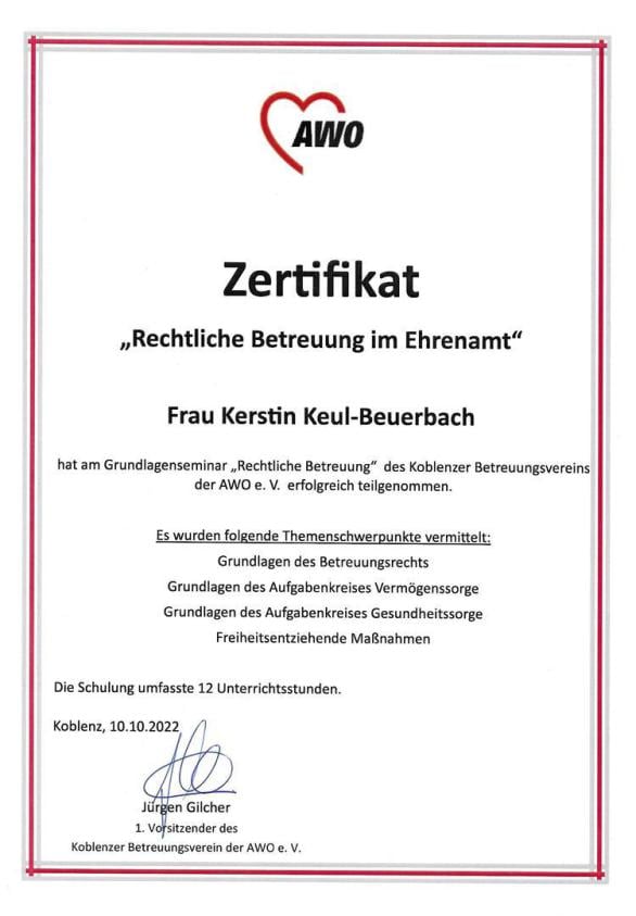 AWO Zertifikat Rechtliche Betreuung im Ehrenamt
