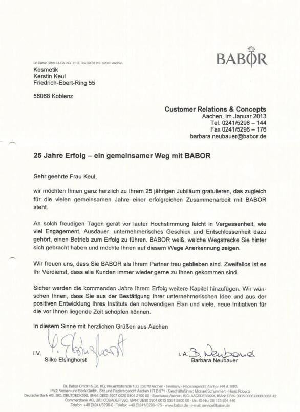 BABOR Schreiben 25 Jahre Erfolg an Kerstin Keul