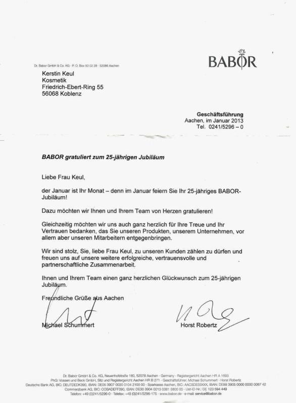BABOR Glückwunschschreiben zum 25-jährigen Jubiläum