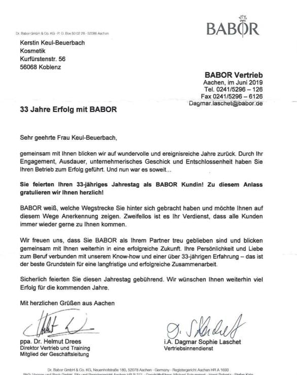 BABOR Schreiben 33 Jahre Erfolg mit BABOR an Kerstin Keul-Beuerbach
