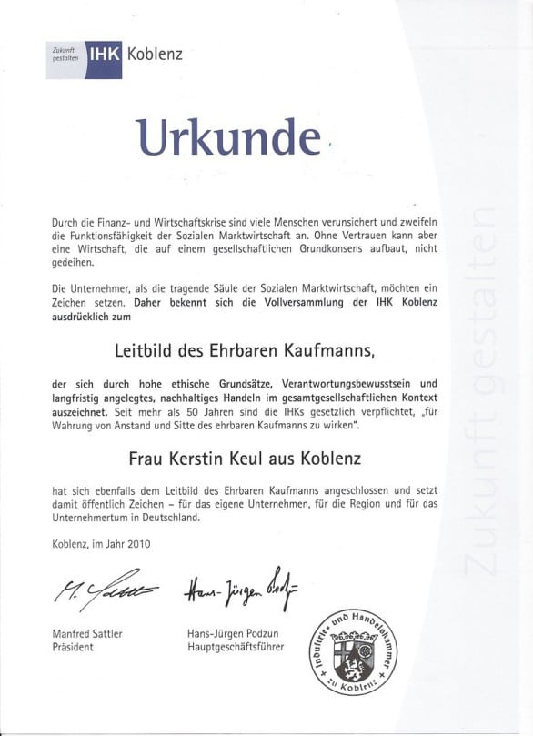 Urkunde der IHK Koblenz zum Leitbild des Ehrbaren Kaufmanns