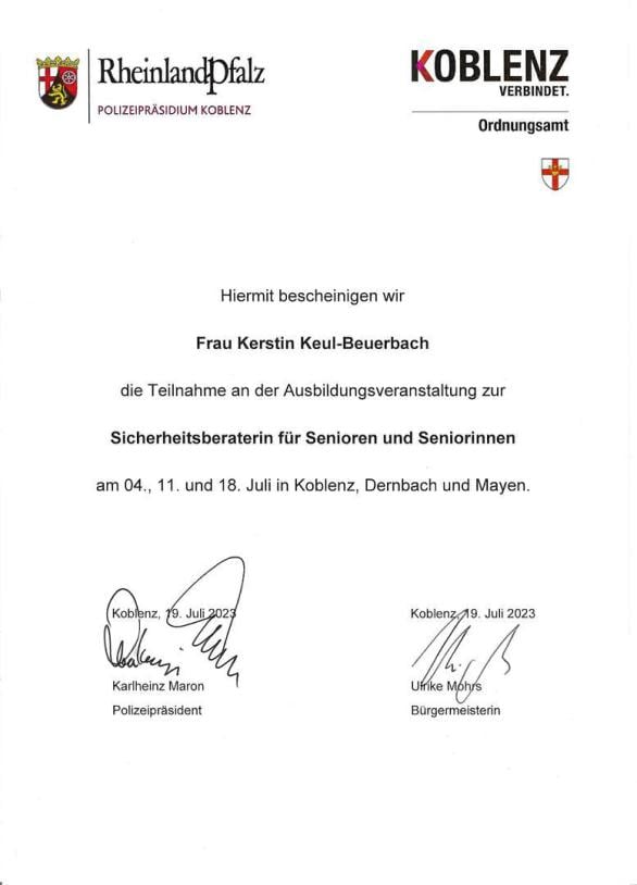 Bescheinigung Sicherheitsberaterin für Senioren, Polizeipräsidium Koblenz