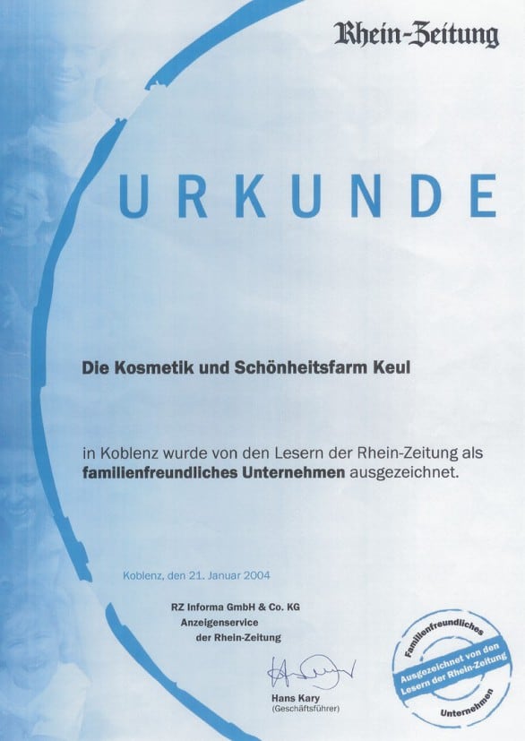 Urkunde der Rhein-Zeitung, familienfreundliches Unternehmen