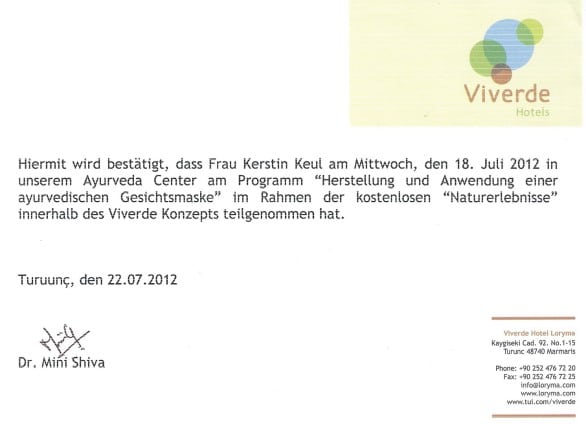 Bestätigung Viverde Hotels über ayurvedische Gesichtsmaske